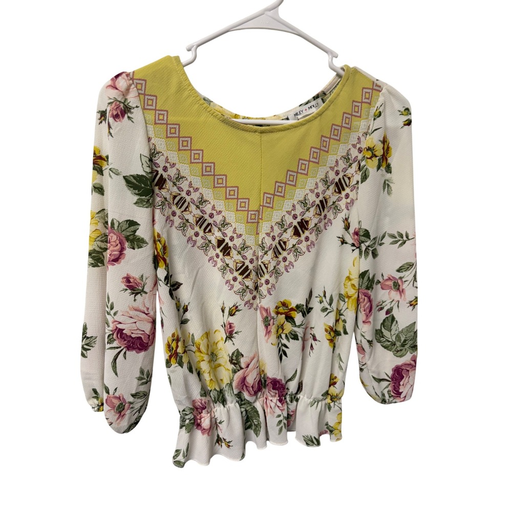 Boho Pink Yellow Floral Geometric Smocked Peplum Blouse Cottage Fairy Coquette S